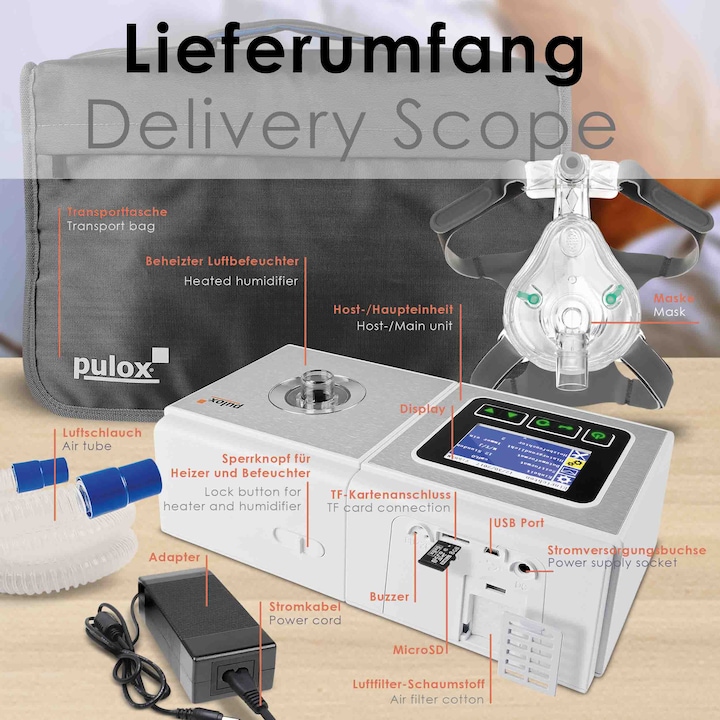 Actual product image Pulox Auto CPAP sleep apnoea therapy device with face mask