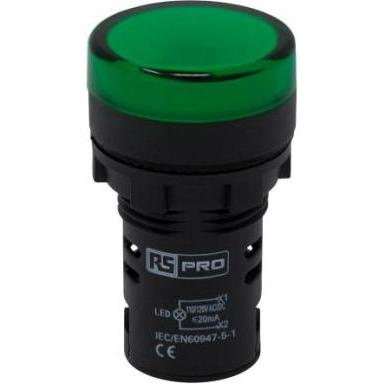 Rs Pro, Personenschutz, Leuchtmelder 110V ac/dc Grün, Ausschnitt-Ø 22mm LED Tafelmontage IP 65