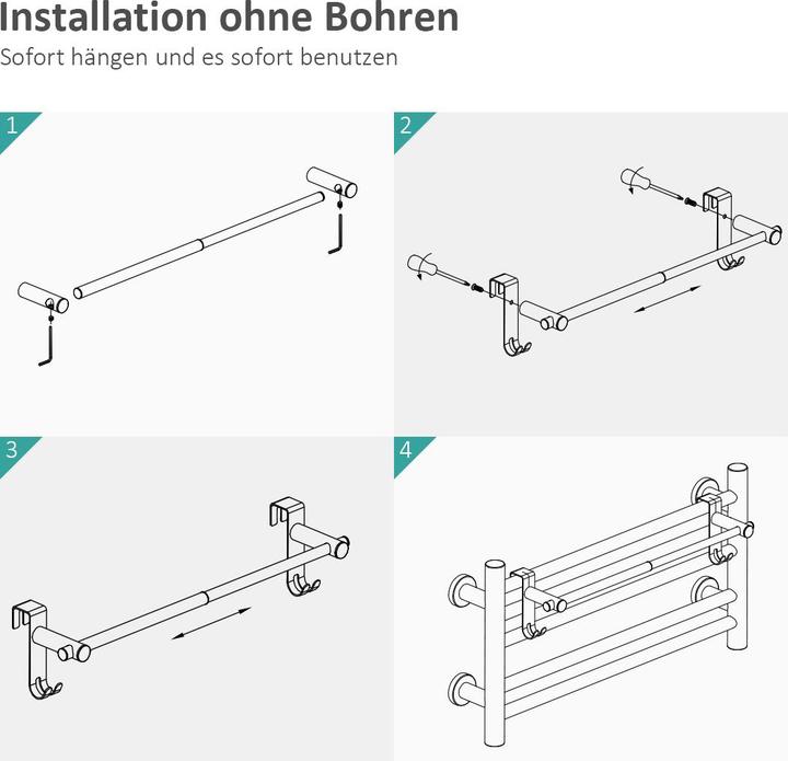 Actual product image Emke Extendable Towel Rail with Hooks, Stainless Steel, No Drilling Required, 44-63cm, Chrome