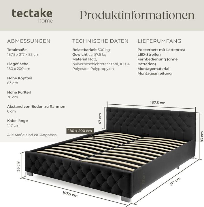 Actual product image tectake Ottoman Bed with LED strips & storage (180 x 200 cm)