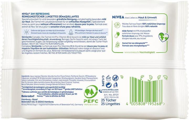Nährwerte und Zutaten NIVEA 3in1 Erfrischende Reinigungstücher (Reinigungstücher, 25000 ml)