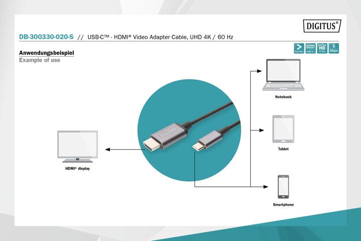 Produktbild Digitus USB-C Adapterkabel, Typ-C auf HDMI St/St (1.80 m)