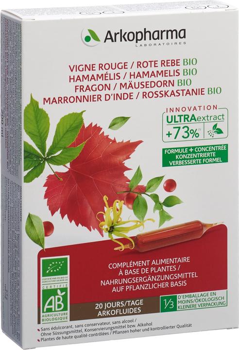 Arkopharma Arkofluide Bio Rote Rebe Hamamelis Mäusedorn Rosskastanie (20 pièce(s), Ampoules, 367 g)