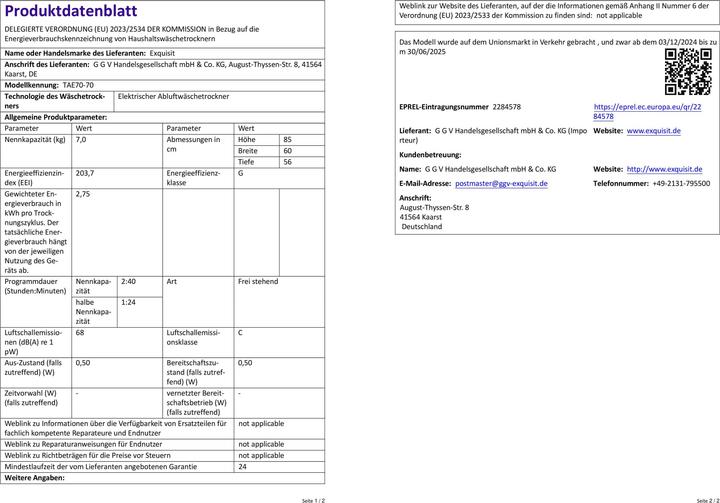 Actual product image Exquisit EXQ TAE70-70 Ablufttrockner (7 kg, Right)