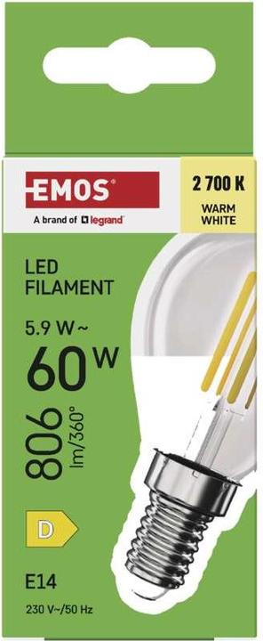 Immagine prodotto Emos Lampada LED Filament Mini Globe / E14 / 5,9 W (60 W) / 806 lm / Bianco caldo (E14, 806 lm, 1 x)