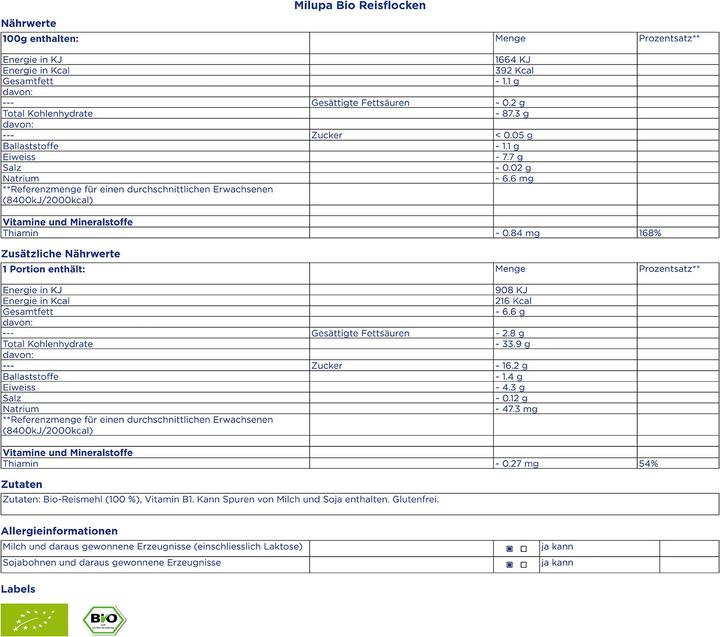 Nährwerte und Zutaten Milupa Bio Reisflocken (180 g)