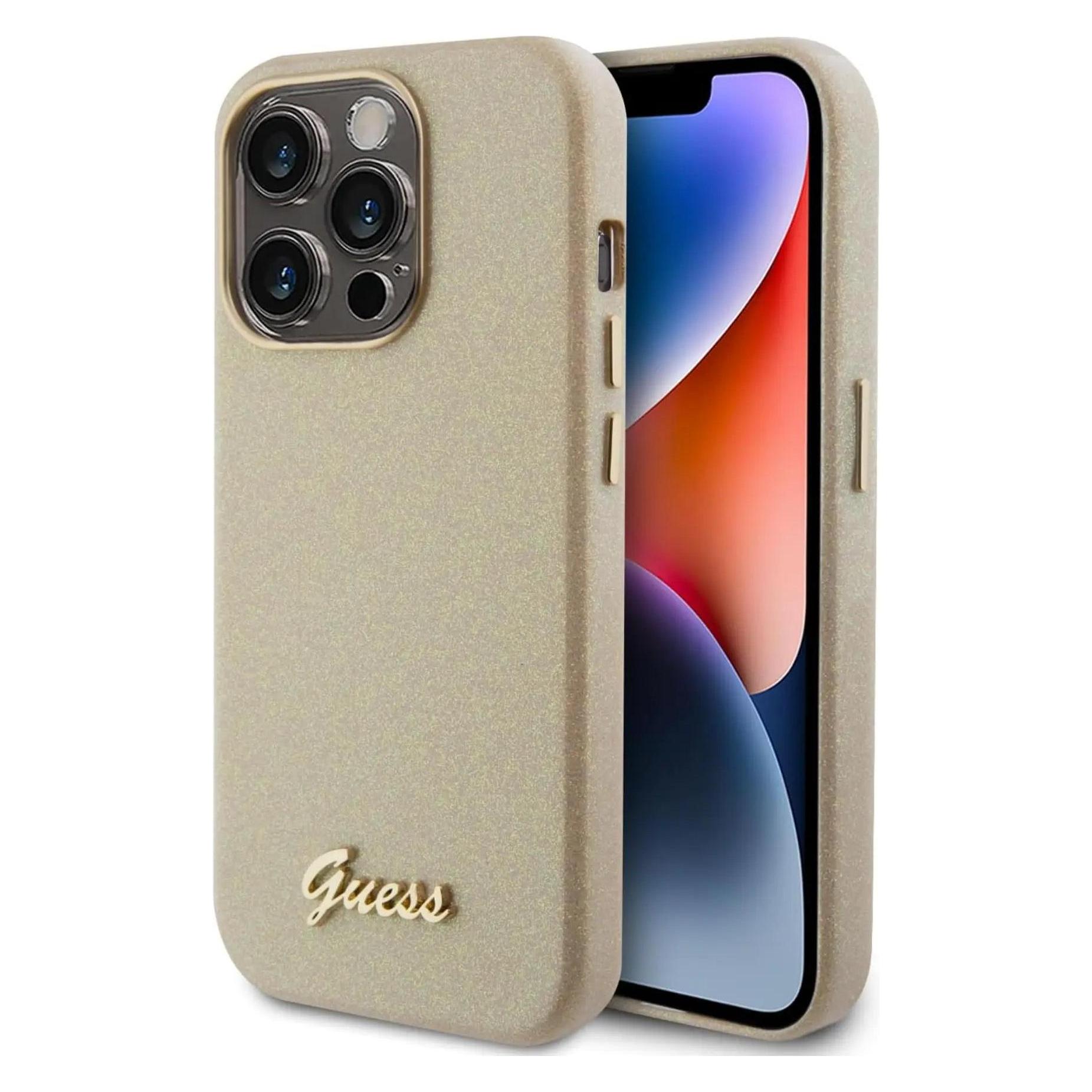 Guess GUHCP15LPGMCSD IPhone 15 Pro 6.1" Złoty/light Gold Hardcase Glitter Glossy Script (Apple IPhone 15 Pro), Smartphone Hülle, Gold