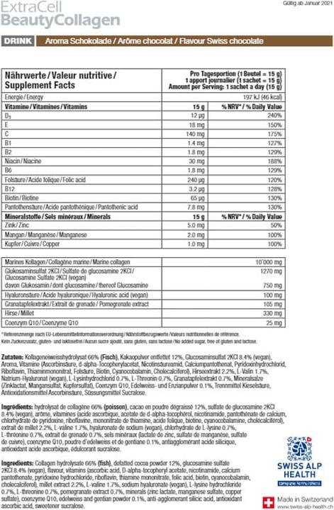 Nutritional values and ingredients Swiss Alp Health ExtraCell BeautyCollages (20 Piece, Powder, Beutel, 360 g)