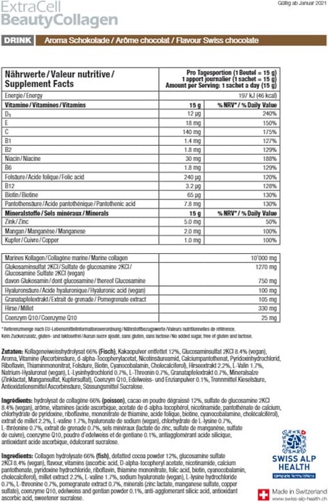 Valori nutrizionali e ingredienti Swiss Alp Health Collage di bellezza ExtraCell (20 Pezzo/i, Polvere, Bustina, 360 g)