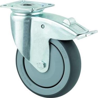 Actual product image Tente Drejeligt hjul med bremse, gummi, Ø100 mm, 100 kg, DIN-kugleje, med plade