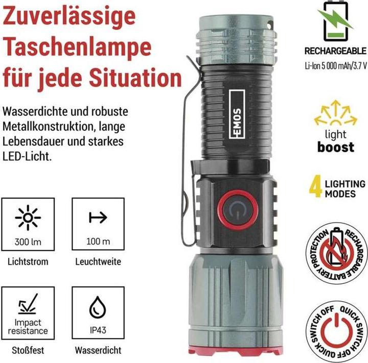 Produktbild Emos LED RECHAR. METAL FLASHLIGHT SMALL 350 lm, 700mAh (9 cm, 300 lm)