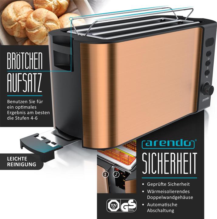 Actual product image Arendo Breakfast set, 4-slice long slot toaster with bread roll top & egg boiler for 7 eggs, copper
