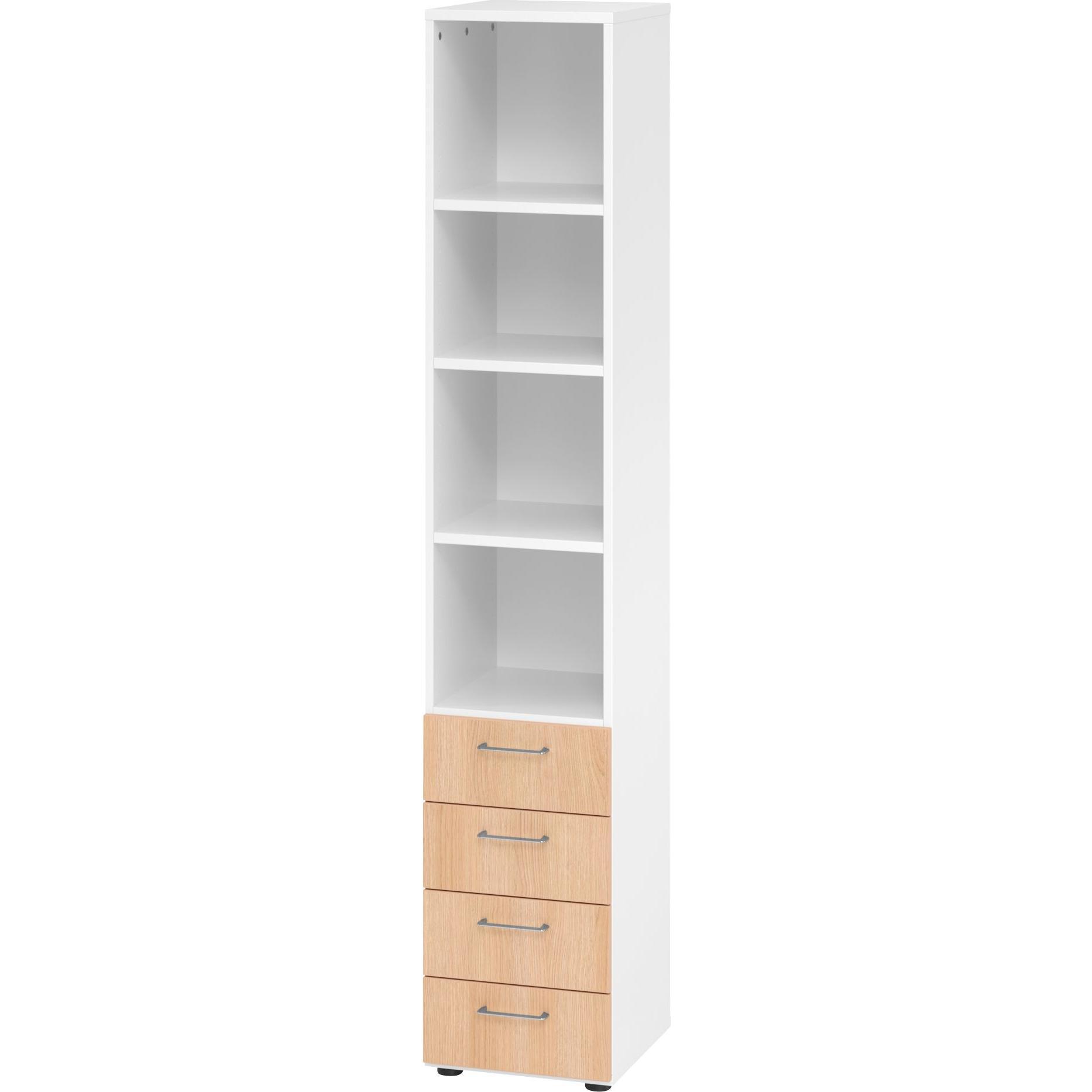 0, Aktenschrank, Regal 6OH, 4 Schübe, BS Weiss/Eiche