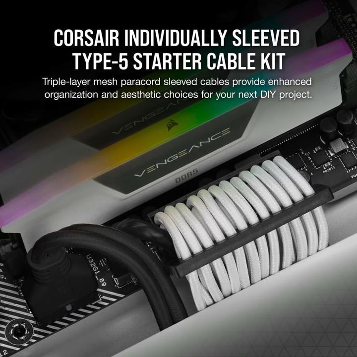 Image du produit Corsair Kit de démarrage de câble DC Premium Individually Sleeved, Type 5 (Génération 5), WHITE (75 cm, 24 broches ATX, PCIe)