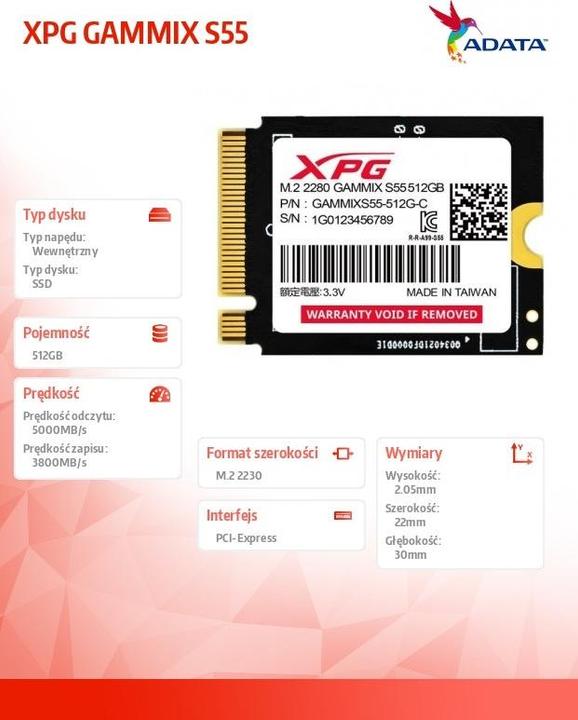 Produktbild Adata Dysk SSD XPG GAMMIX S55 PCIe /3./s M2230 (512 GB, M.2 2230)