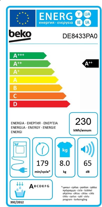 Energy Label Beko DE8433PA0 Clothes Dryer Freestanding Front Loader A++ (8 kg, Right)