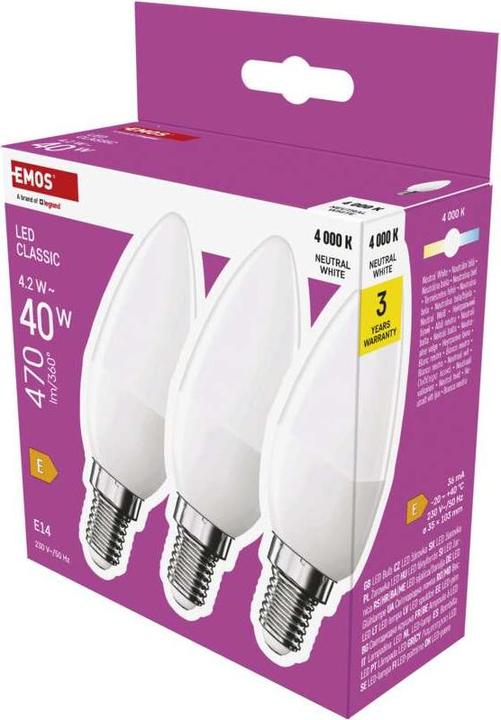 Image du produit Emos Lampe LED Classic Candle / E14 / 4,2 W (40 W) / 470 lm / Blanc neutre (E14, 470 lm, 3 x)