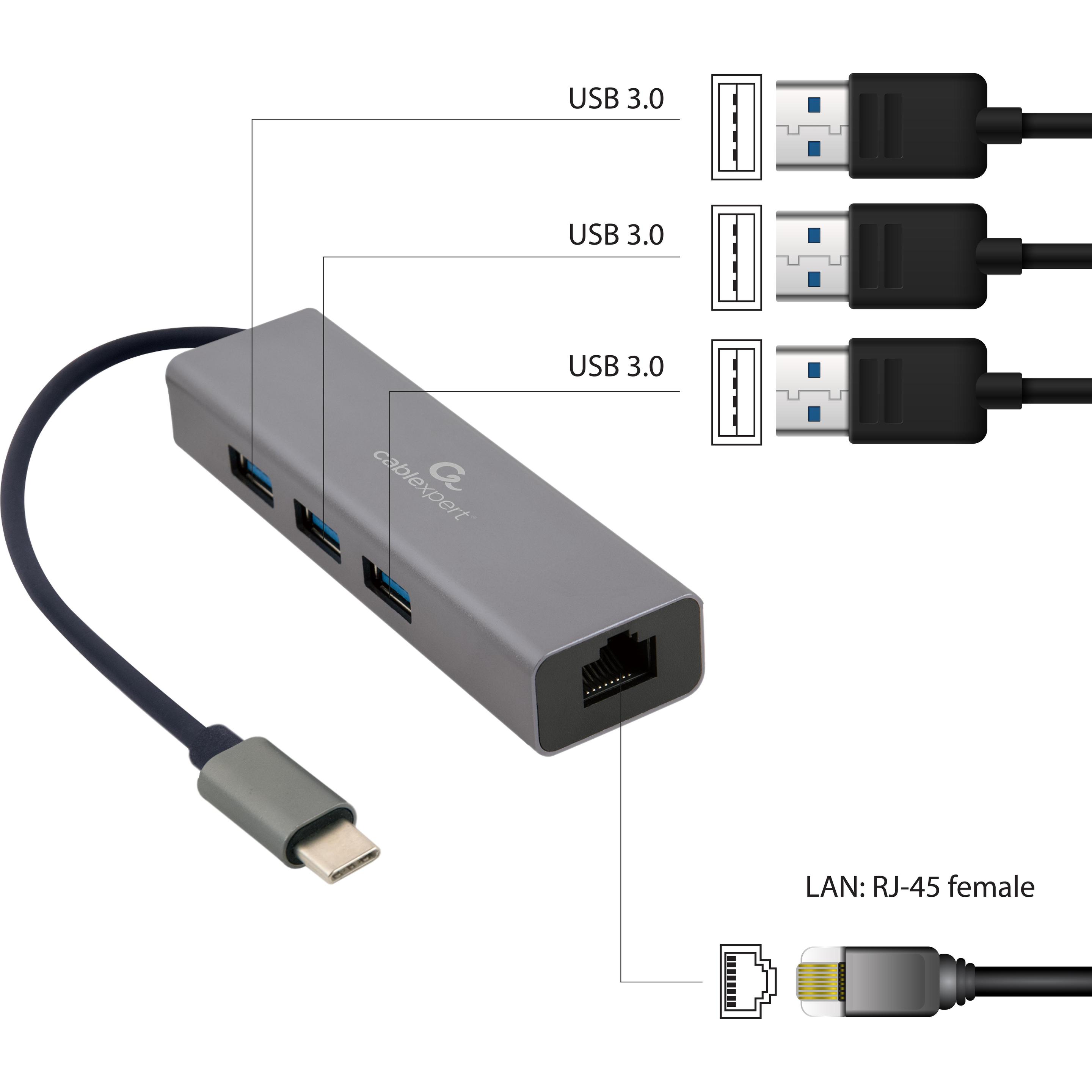 Gembird A-CMU3-LAN-01 (USB-C, 4 Ports), Dockingstation + USB Hub, Grau