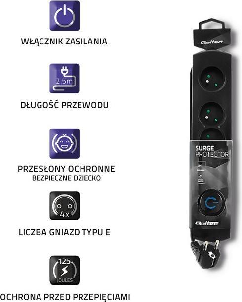 Actual product image Qoltec 50105 Voltage protection 4 AC outputs (4x, CEE 7/16, 2.50 m)