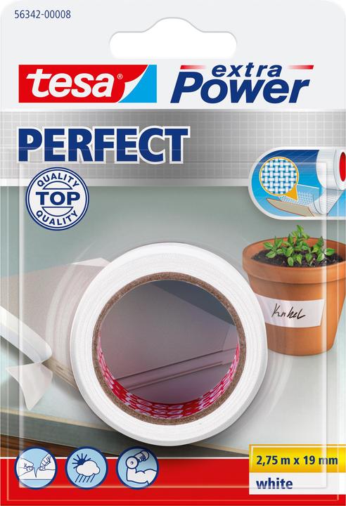 tesa extra Power Perfect, 2,75 m, Weiss, Stoff, Karton, Papier, 19 mm, Sichtverpackung (19 mm)