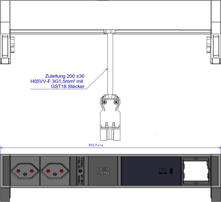 Produktbild Bachmann Tischsteckdosenleiste DESK2 2x T13 1x USB C 60W 1x Leer, Sw (2 x, Typ 13, 0.20 m)
