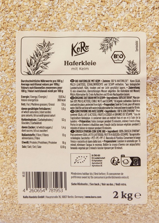 Valori nutrizionali e ingredienti KoRo Crusca di avena biologica con germe (2000 g)