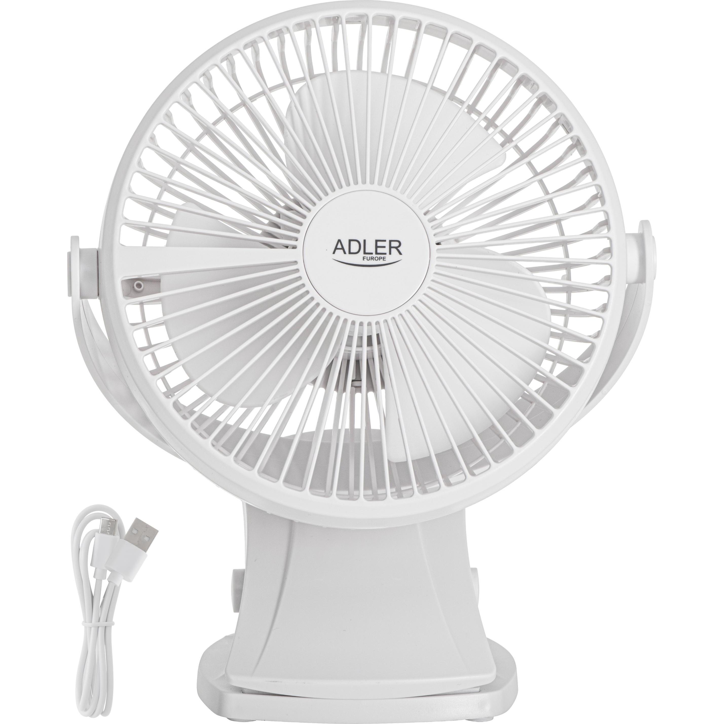 Adler AD 7342 Ventilatore da tavolo ricaricabile a clip, 15,5 cm, rotazione a 360°, USB-C, bianco, Ventilatore, Bianco