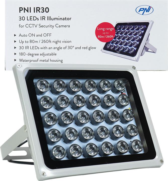 Immagine prodotto PNI Riflettore con LED infrarossi IR30 per telecamere e sistemi TVCC, 30 LED IR, distanza 80 m, IP66 (Kit di montaggio)