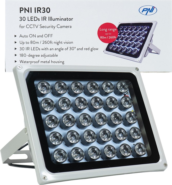Actual product image PNI Reflector with infrared LEDs IR30 for cameras and CCTV systems, 30 IR LEDs, distance 80 m, IP66 (Mounting kit)