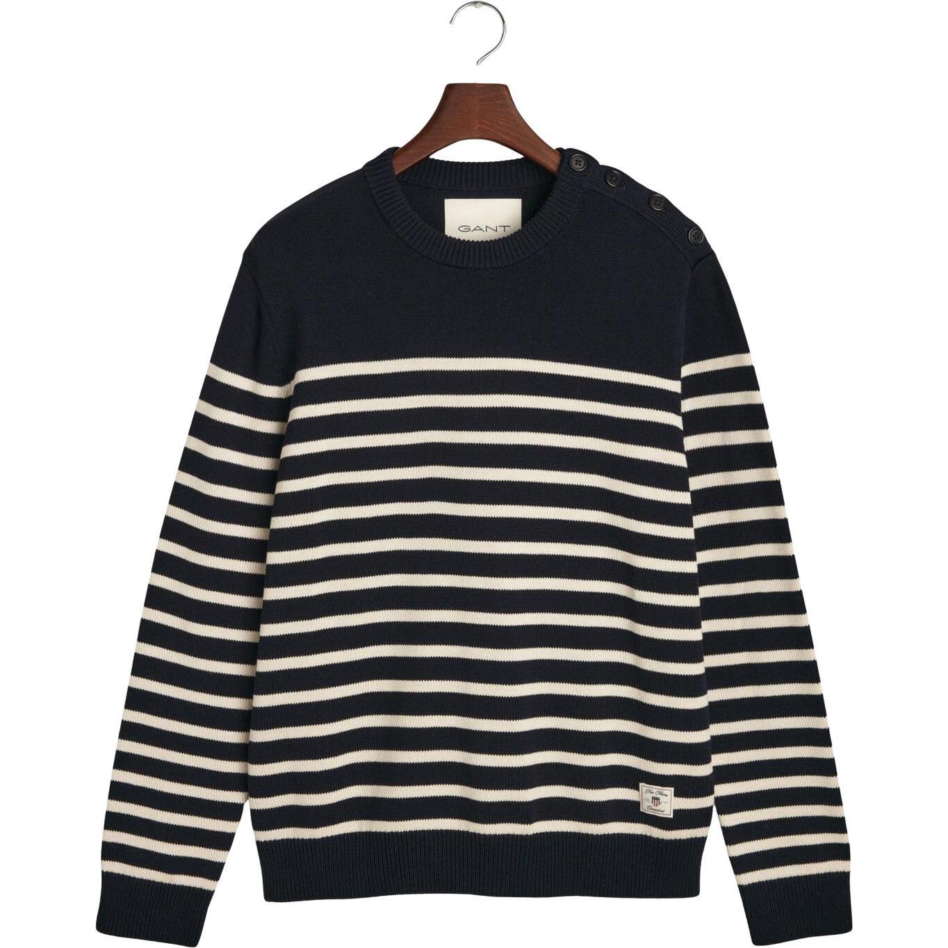 GANT, Herren, Pullover, Gestreifter Rundhals-Pullover aus Baumwolle, Blau, (XL)
