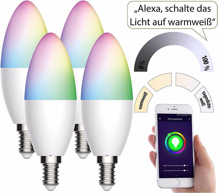 Produktbild Luminea 4er-Set WLAN-LED-Lampen, für Amazon Alexa/Google Assistant (E14, 5.50 W, 470 lm, 4 x, F)