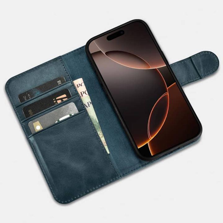Actual product image iCarer iPhone 16 Pro Max - Oil Wax Premium Genuine Leather Detachable 2 in 1 Wallet Flip Case with (Apple iPhone 16 Pro Max)