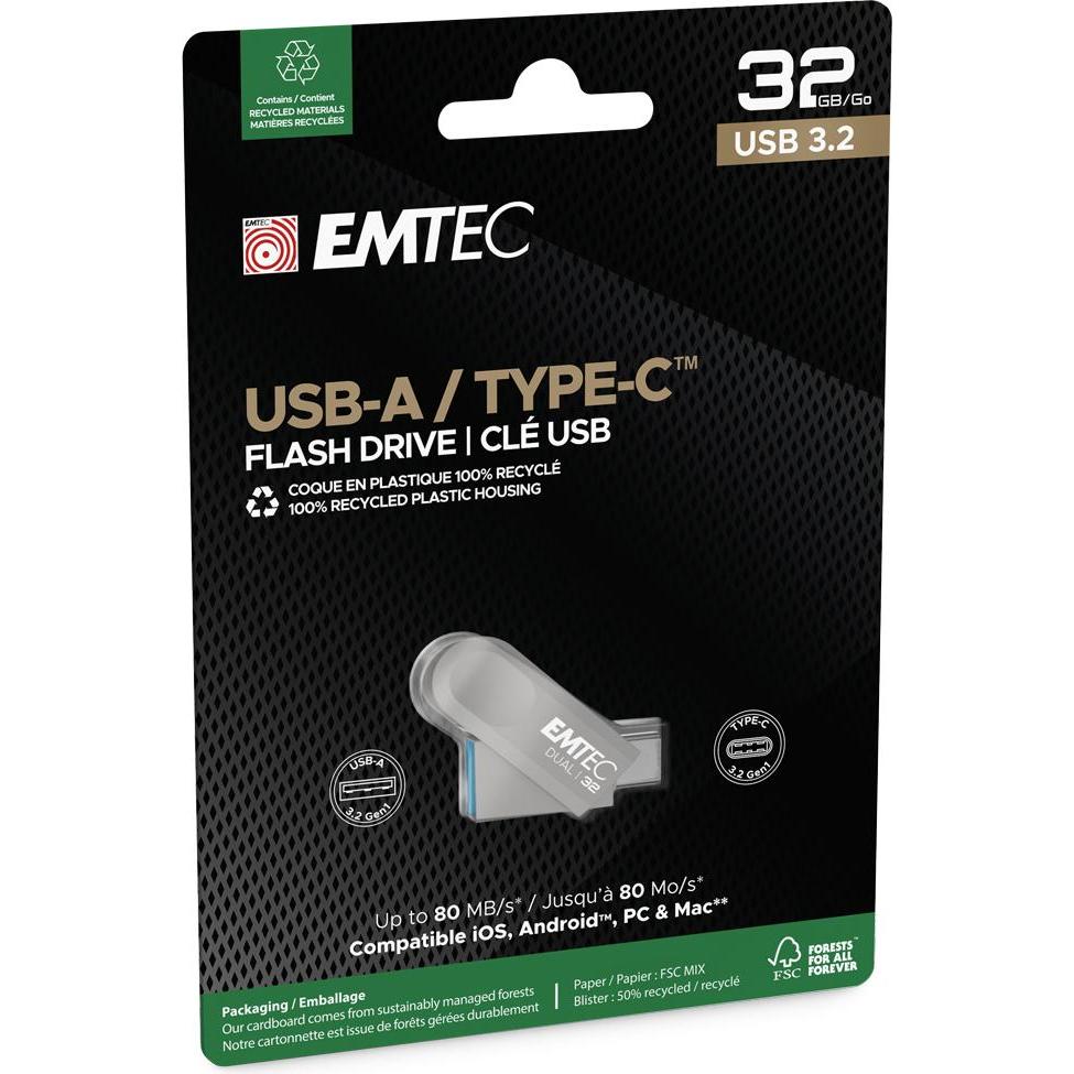 Thumbnail - Emtec USB3.2 Type-C Dual D280 32GB (32 GB, USB 3.2), USB Stick, Grau