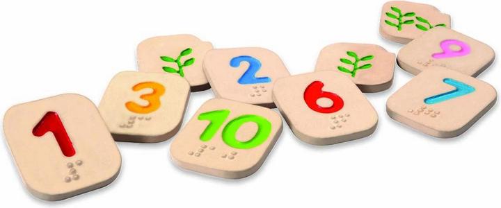 Plantoys Holz Blindenschrift Nummern 1-10 (Deutsch, Englisch, Französisch, Italienisch)
