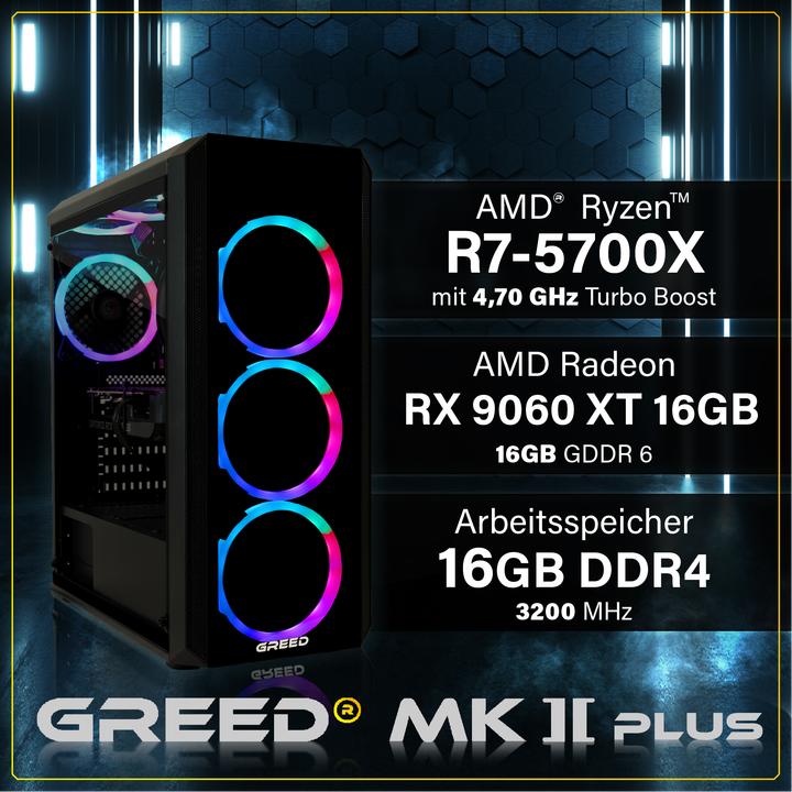 Produktbild Greed MK2 AMD PLUS - Gaming PC - RX 9060XT (1000 GB, 16 GB, AMD Ryzen 7 5700, Radeon RX 9060 XT)