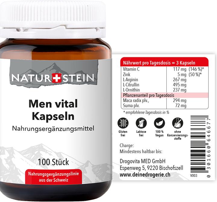 Nutritional values and ingredients Naturstein Men Vital Capsule (100 Piece, Capsules, 163 g)