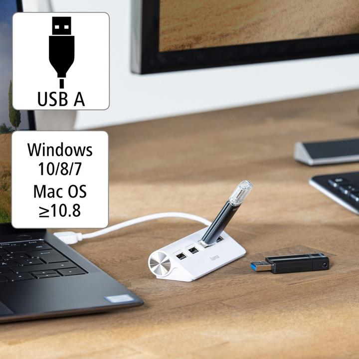 Actual product image Hama USB-A hub, 4 ports, USB 2.0, 480 Mbit/s, white (USB-A, 4 Ports)
