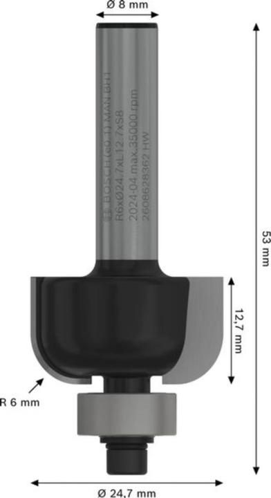 Produktbild Bosch Professional Zubehör Hohlkehlenfräser, 8 mm, R1 6 mm, D 24,7 mm, L 13 mm, G 53 mm