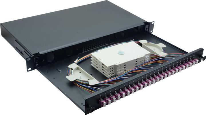 Actual product image Helos Fibre optic 19" splice box 24 x LC Duplex OM4, ready to splice, black