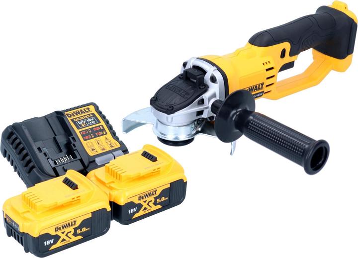 1x DeWalt DCG 412 cordless angle grinder, 1x side handle, 1x protective cover, 1x face spanner, 2x DeWalt DCB 184 18 V 5.0 Ah battery, 1x DeWalt DCB 1104 quick charger