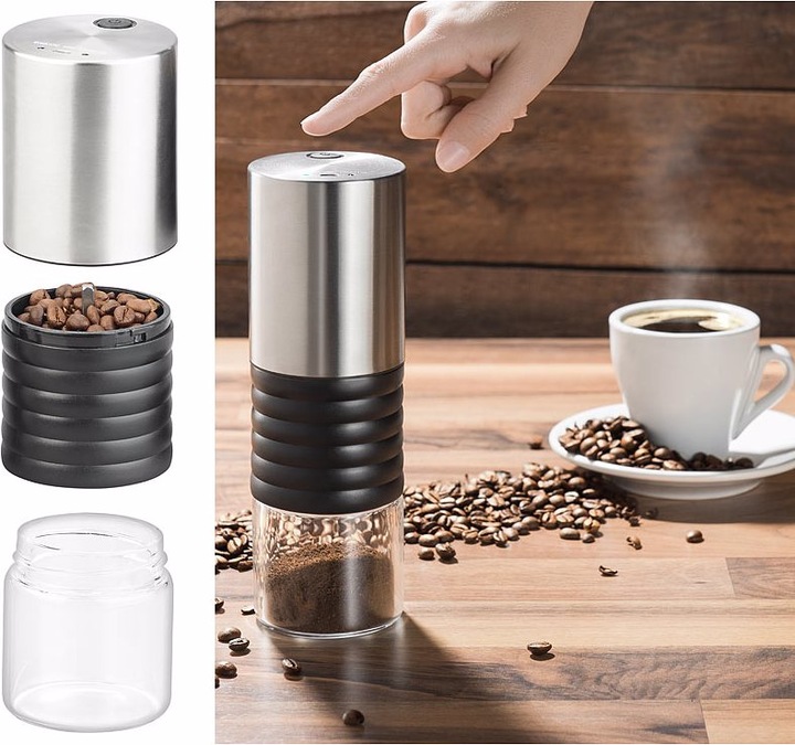 Produktbild Rosenstein & Söhne 2-mal: Elektrische Akku-Kaffeemühle mit Keramik-Mahlwerk