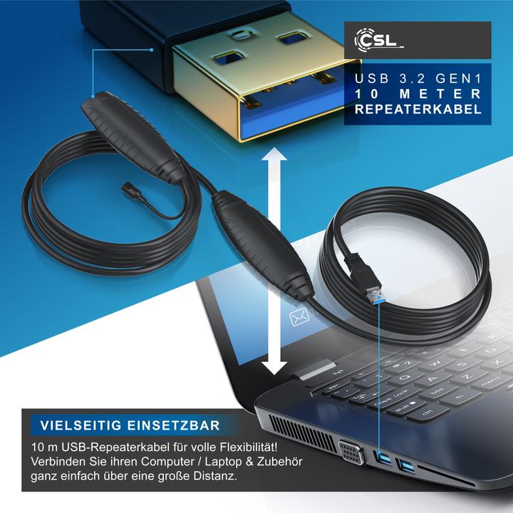 Actual product image CSL USB 3.2 Gen 1 repeater cable, active extension cable, repeater extension, amplifier cable (10 m, USB 3.2 Gen 1)