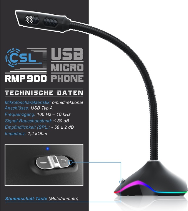 Image du produit CSL Microphone sur pied, Microphone USB de bureau avec éclairage RGB, RMP 900 Microphone de table, pour