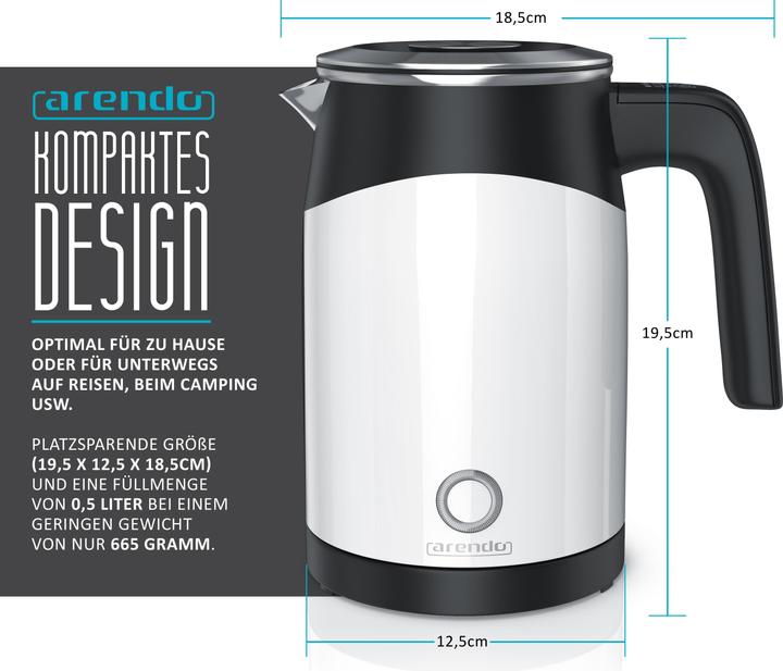 Image du produit Arendo Bouilloire 0,5 l, 1100 W, acier inoxydable Bouilloire de voyage Mini, réglage de la température (0.50 l)
