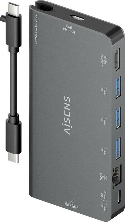 Produktbild Aisens USB-C DOCK 8 EN 1 HDMI RJ45 3XUSB-A USB-C DATOS PD 1XSD 1XMICRO SD (USB-C, 8 Ports)