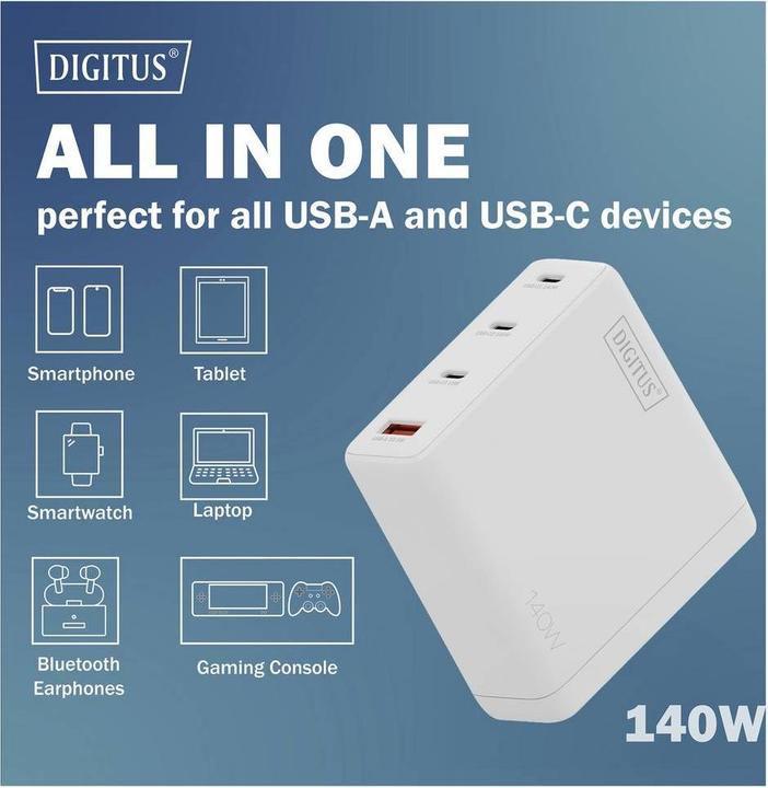 Actual product image Digitus USB GaN Charger 140W, 3x USB-C, 1x USB-A (140 W, 4 ports)