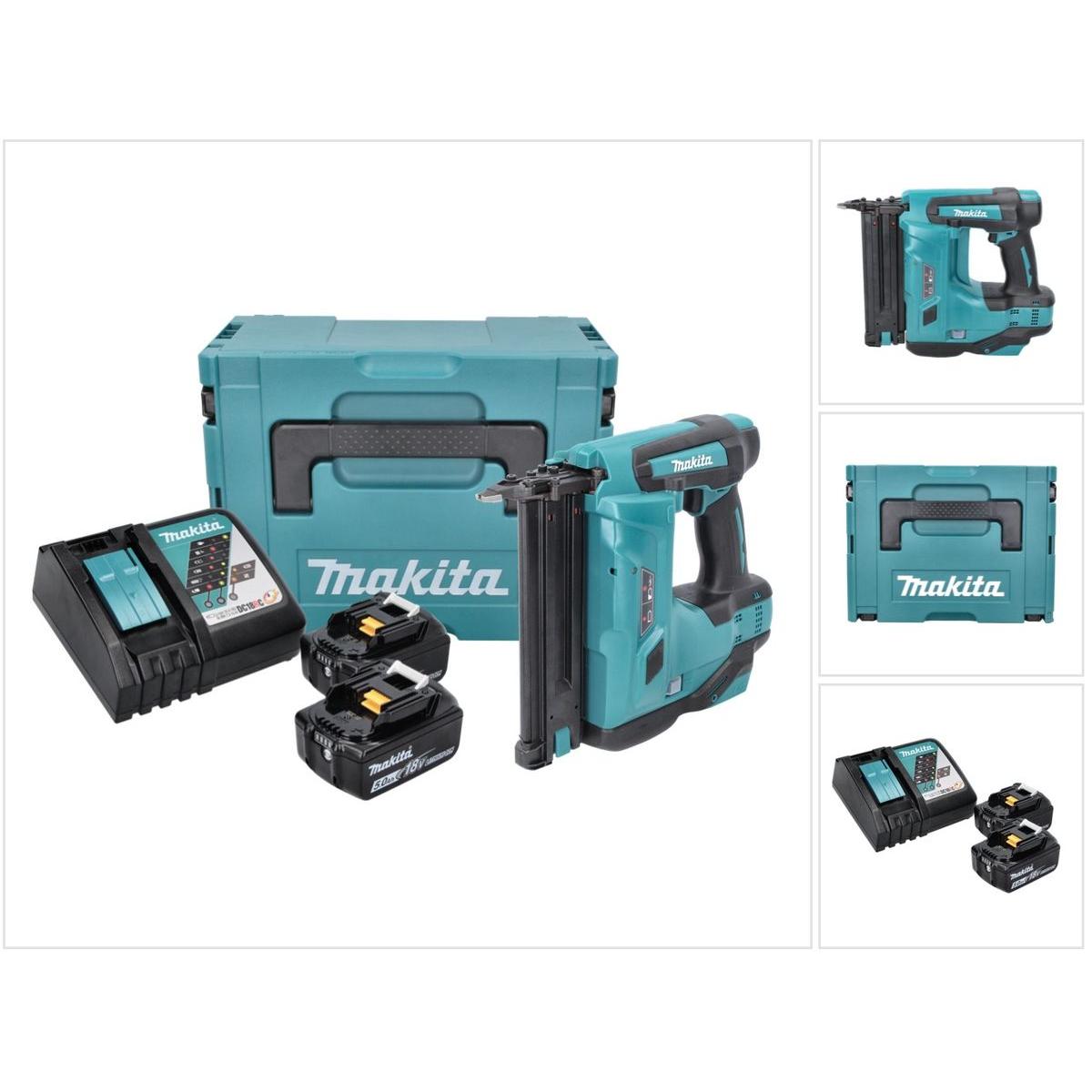 Thumbnail - Makita, Tacker + Nagelpistole, DBN 500 RTJ Akku Stauchkopfnagler 15-50 mm 90° 18 V mit 2x 5,0 Ah Akku und Ladegerät im M...
