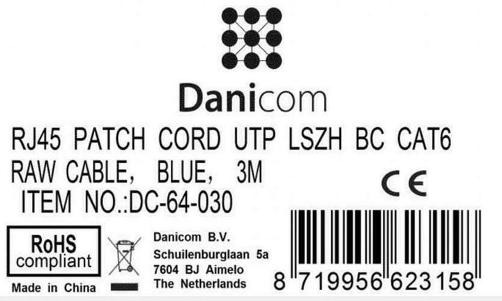 Produktbild Dsit CAT6 Netzwerkkabel, U/UTP, 3 meter, Blau, 100% Kupfer (U/UTP, CAT6, 3 m)