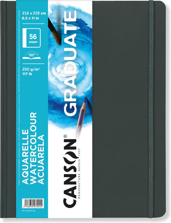 Produktbild Canson Skizzenbuch GRADUATE Aquarelle, 216 x 279 mm schwarz, 28 Blatt, fein gekörntes Papier 250 g/qm, Hard (A4, Blanko, Harter Einband)