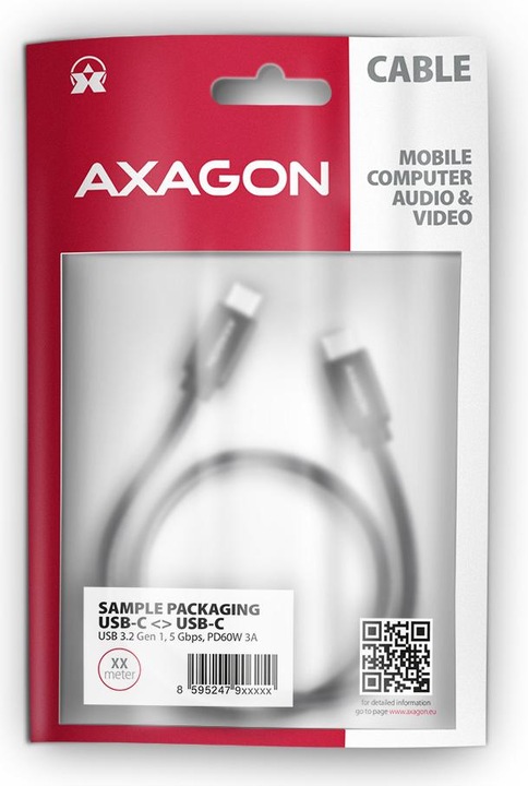 Productafbeelding Axagon BUCM3-CM30AB USB-C naar USB-C kabel 3.2 Gen 1, 3 m, PD 60W, 3A, gevlochten - zwart (3 m, USB 3.2 Gen 1)